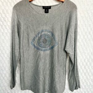 Rachel Zoe Gray Evil Eye Jeweled Embellished Crew Neck Sweater Size Medium NWOT